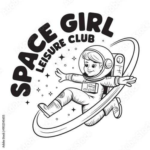 Space girl leisure emblem with astronaut floating inside planetary ring illustration