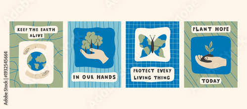 Earth and Nature Quote Poster Set. Trendy Minimal Planet Protection Motivational Collection with Hand drawn Forest Plant Globe Phrase Text Lettering Vector illustration