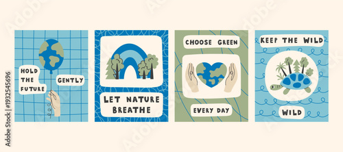 Green Eco Friendly Poster Set with Motivational Text. Minimal Hand Drawn Earth Day and Nature Protection Vertical Banners collection with Quote Phrase Message and Environment elements