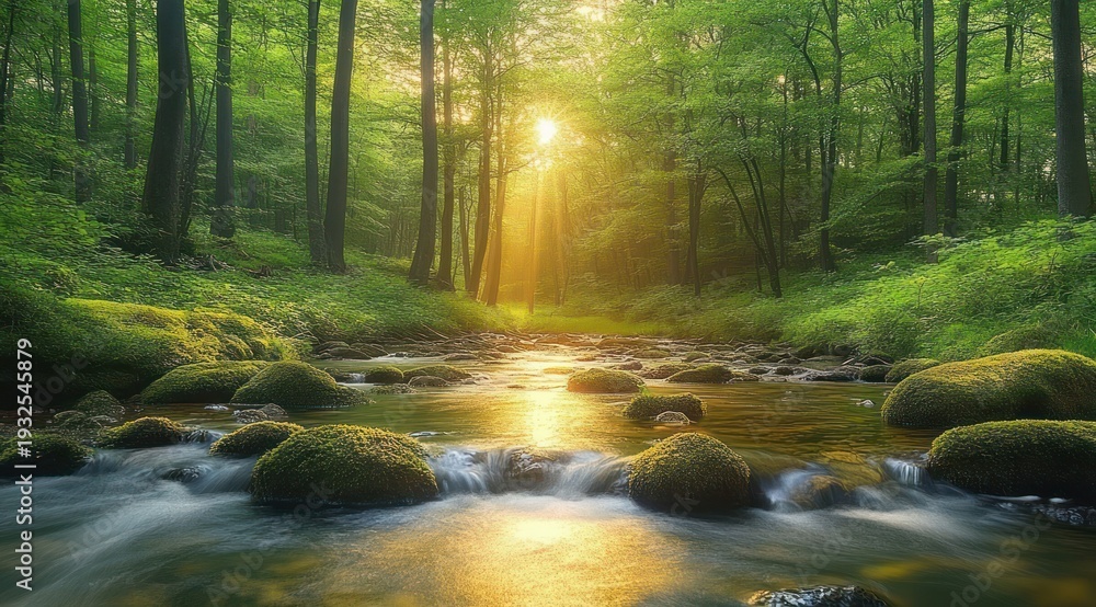 Obraz premium Serene forest stream with moss-covered rocks and golden sunlight beams filtering through tall green trees, calm flowing water and luminous reflections