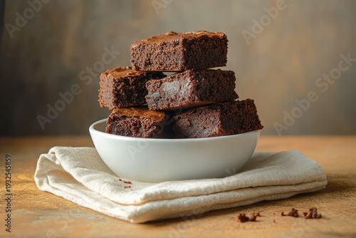Stack of fudgy chocolate brownies in a white bowl on a linen napkin with crumbs on a wooden surface, warm rustic lighting conveying cozy homemade comfort