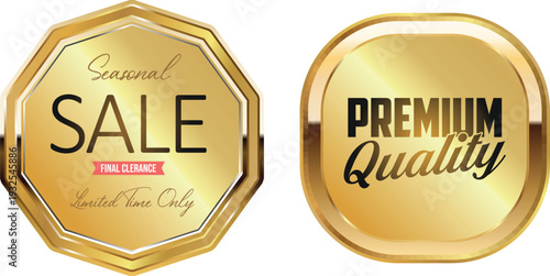 Golden sale and premium quality badges on white background