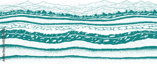 Cross-section of earth strata and mountains in teal green illustration with textured layers representing geology and landscape