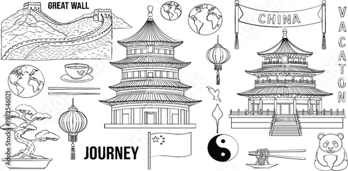 China travel doodle line art vector set with Great Wall, pagoda temples, lanterns, panda, map elements, and cultural symbols for tourism and journey designs