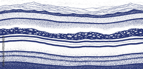 Blue and white illustration of earth strata layers and distant mountains, representing geology and landscape in a stylized drawing