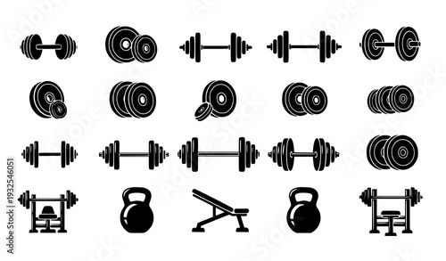 Black barbell and gym weightlifting icon vector set for fitness and workout design