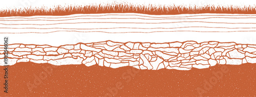Brown illustration of earth layers with grass and cracked rock patterns, a geological cross-section for nature and science themes