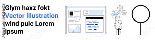 Technology, data analysis, digital marketing, coding concepts, search engine optimization, online tools. Visualizes interface, magnifying glass and cog symbol. Technology and data analysis concept