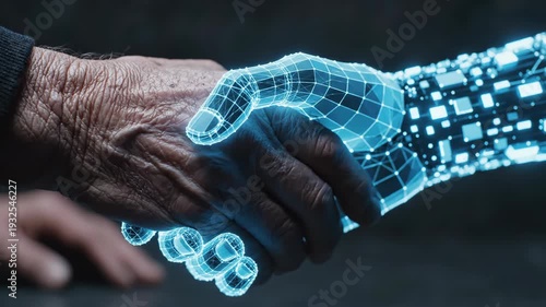 A powerful handshake symbolizing the collaborative future where human connection integrates with advanced digital technology and artificial intelligence