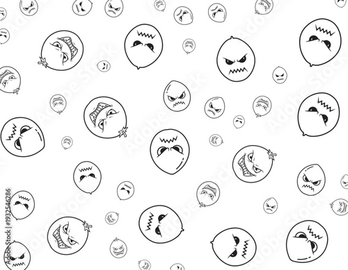 Various facial expressions depicted in simple line drawings scattered across a clean white background from a direct viewpoint