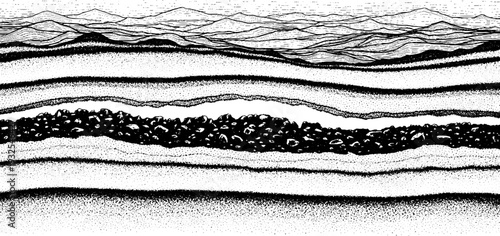 Abstract cross-section of earth layers and landscape with mountains, ink drawing, black and white illustration
