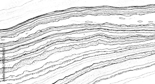 Detailed ink illustration of layered rock formations and geological strata, abstract natural patterns