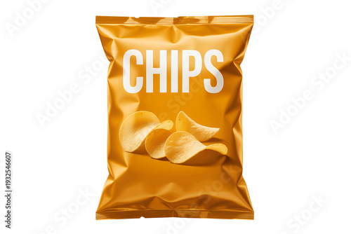 Gold bag of potato chips with three chips isolated on a transparent background