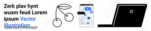 Digital technology, user interface design, web development, communication, business innovation, modern connectivity. Minimalist illustrations of cherries, smartphone screens and a laptop. Focus on