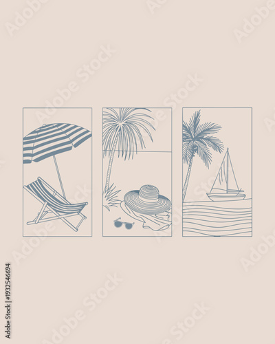 Vintage Beach Line Art Set – Tropical Palm, Umbrella and Sailboat Illustration Collection