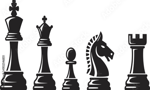 t including king, queen, bishop, knight and rook isolated on white background, strategic board game concept illustration