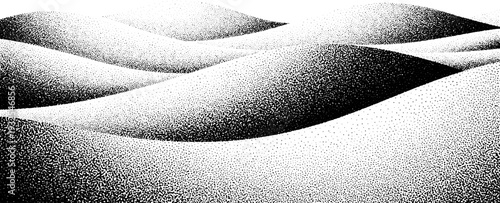 Black and white stipple art rendering of rolling sand dunes, abstract textured landscape background