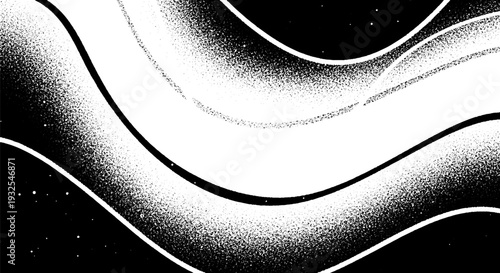 Abstract flowing curves with grainy texture in black and white, minimalist background for graphic design