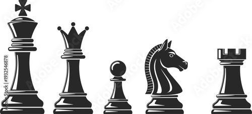  pieces silhouette set with king, queen, bishop, knight and rook isolated on white background, strategy board game illustration