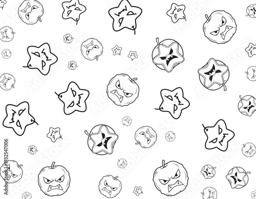 A collection of cartoon stars and fruits in a playful pattern on a white background viewed from directly above