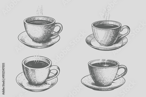 Realistic tea cup hot drink mug sketch eps file for creative design. Vintage engraving style isolated tea cup vector illustration. Eps 10