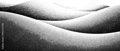 Seamless pattern of flowing dunes in stipple art, black and white abstract landscape background