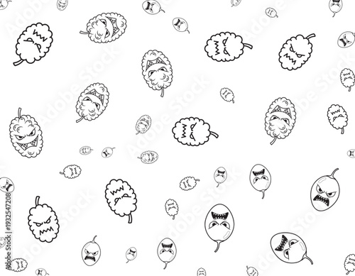 A collection of assorted black and white illustrations of balloons floating in air from various viewpoints