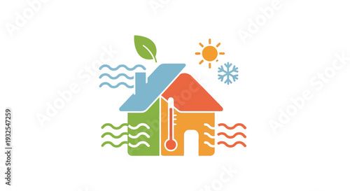 Colorful house with energy efficiency symbols.