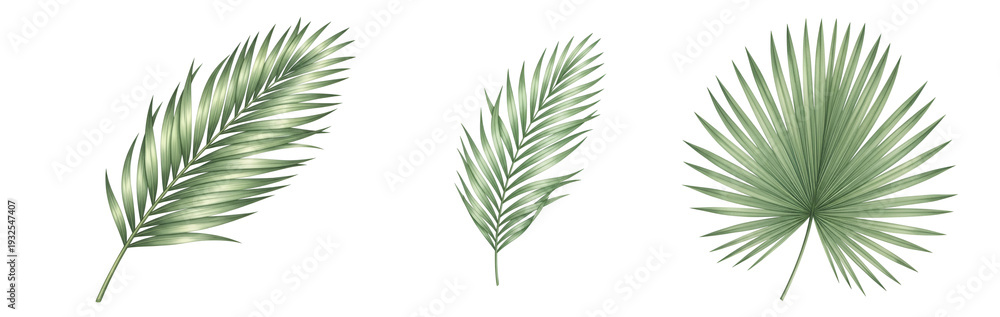 Fototapeta premium Three green palm leaves on transparent background