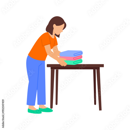 Clothes On Table, Arranging garments on worktable for folding or inspection, Flat vector character illustration