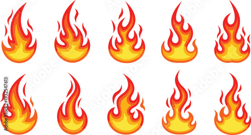 Cartoon fire flames collection, blazing burning fire icons set, hot energy and heat symbol vector illustration