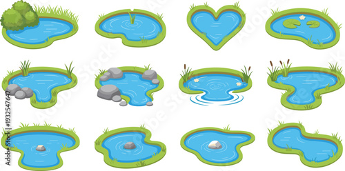 Cartoon pond and lake collection, blue water pools with grass stones and ripples, nature landscape vector illustration set