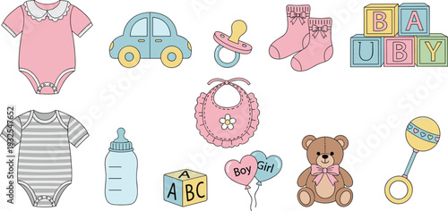 Baby essentials icons collection, newborn clothes toys bottle bib and teddy bear cute pastel vector illustration set