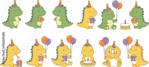 Cute dinosaur birthday party collection, cartoon dino characters with balloons gifts and cake, festive celebration vector illustration set