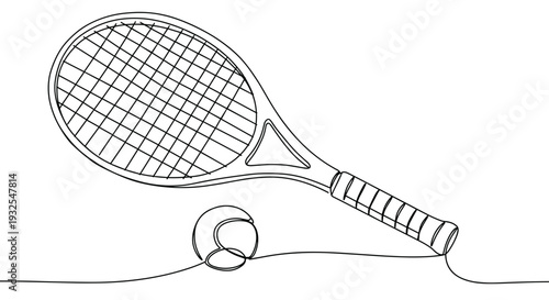 Monoline illustration of a tennis racket and ball on a transparent background in minimalist style with clean lines and clear details