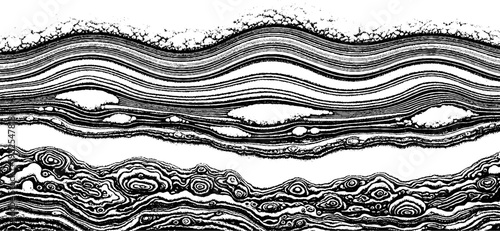 Abstract black and white layered geological strata, textured rock and soil cross-section, natural patterns