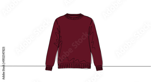 Monoline illustration of a maroon sweater isolated on a transparent background with a simple design, showcasing the knit patterns and casual style of clothing.