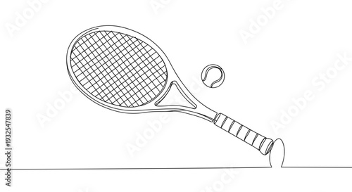 Monoline illustration of a tennis racket and ball on a transparent background depicting the sport of tennis in a minimalist style