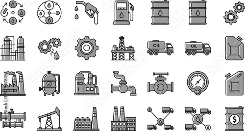 Oil and gas industry icons set with refinery fuel equipment vector illustration collection