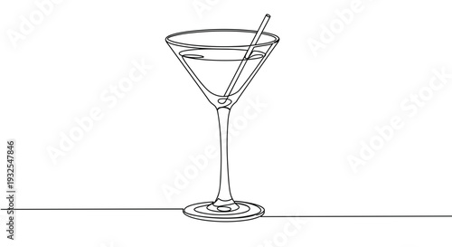 Monoline illustration of a cocktail glass on a transparent background with a straw, showcasing simplicity and elegance in design.
