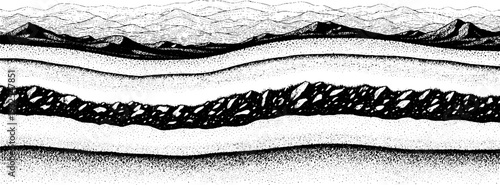 Black and white illustration of geological layers, mountains and strata cross-section, abstract landscape
