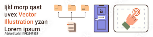 Document storage, access control, data retrieval, digital security, user interaction, modern accessibility. Folder hierarchy, a secure door lock and a touch interface icon. Document storage