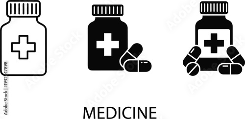Medicine bottle and pills icons set with healthcare pharmacy vector illustration collection isolated
