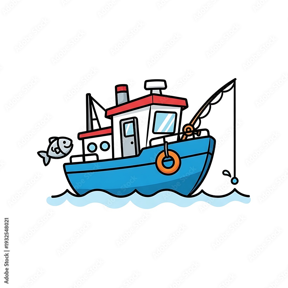 Fototapeta premium Cartoon Fishing Boat with Fisherman at Sea.