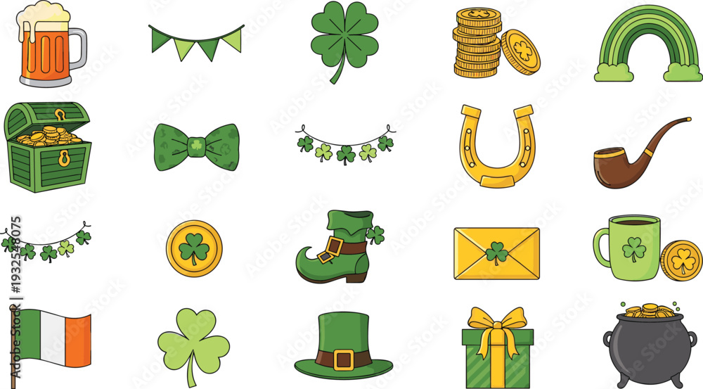 Obraz premium Saint Patricks Day symbols collection, Irish holiday icons with shamrock rainbow pot of gold beer and leprechaun hat vector set