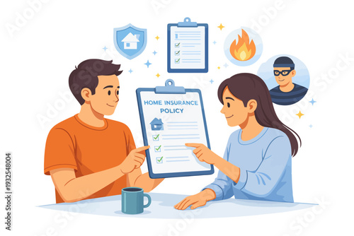 Young caucasian couple discussing home insurance policy with safety icons.