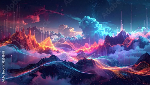 Colorful Abstract Landscape with Mountains and Clouds in Digital Art.