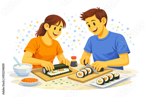 Young caucasian adults making sushi rolls together in kitchen.