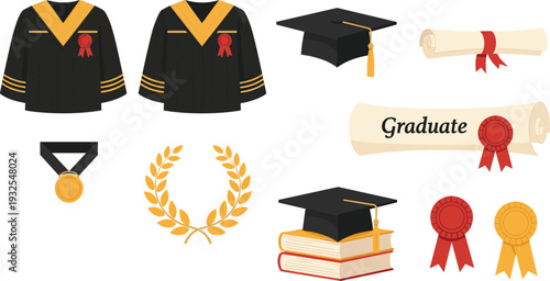 Graduation ceremony icons collection, academic gown diploma cap medal laurel wreath and award ribbon vector illustration set