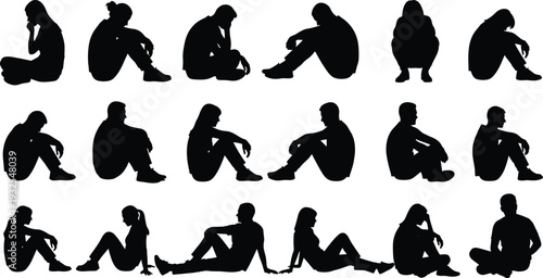 Silhouettes of people sitting diverse postures cross-legged leaning forward reclining ergonomic analysis design illustration
